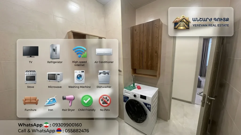 Modern bathroom in a furnished rental apartment in Yerevan with washing machine, Yerevan Real Estate