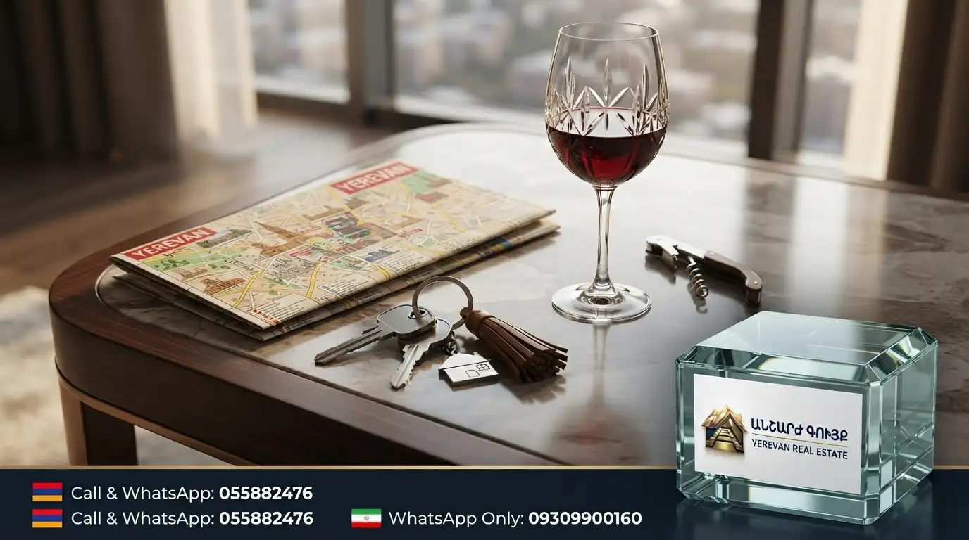 Apartment keys, Yerevan city map, and a glass of red wine on a coffee table representing rental lifestyle