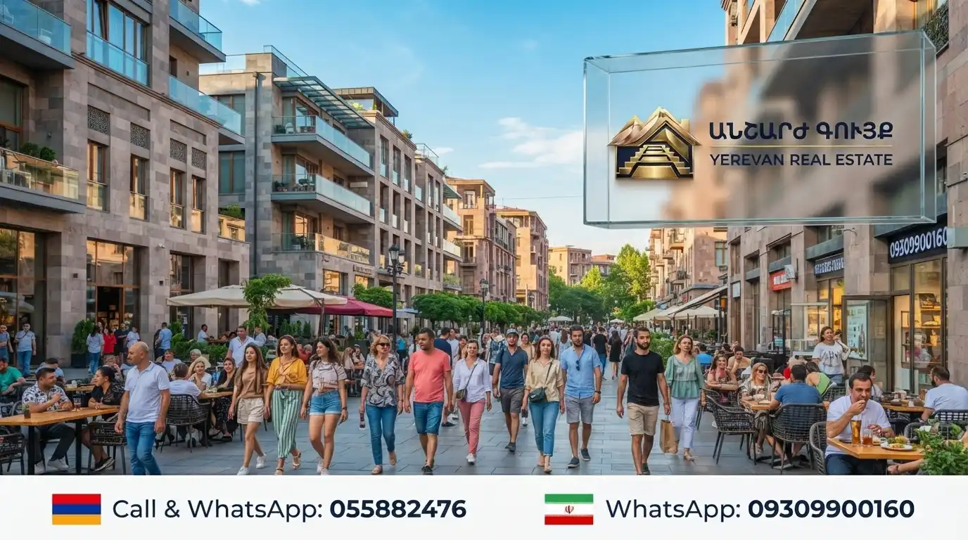 Busy pedestrian street in Yerevan during summer peak tourist season with cafes and people