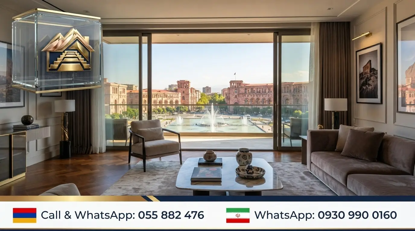 Luxury modern apartment interior in Yerevan with panoramic view of Republic Square and fountain