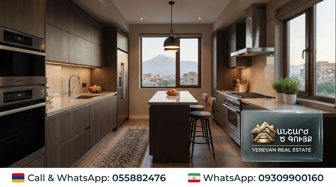  آشپزخانه مدرن و لوکس آپارتمان ایروان با نمای کوه آرارات — انجارد گویق Yerevan Real Estate، تماس: 055882476