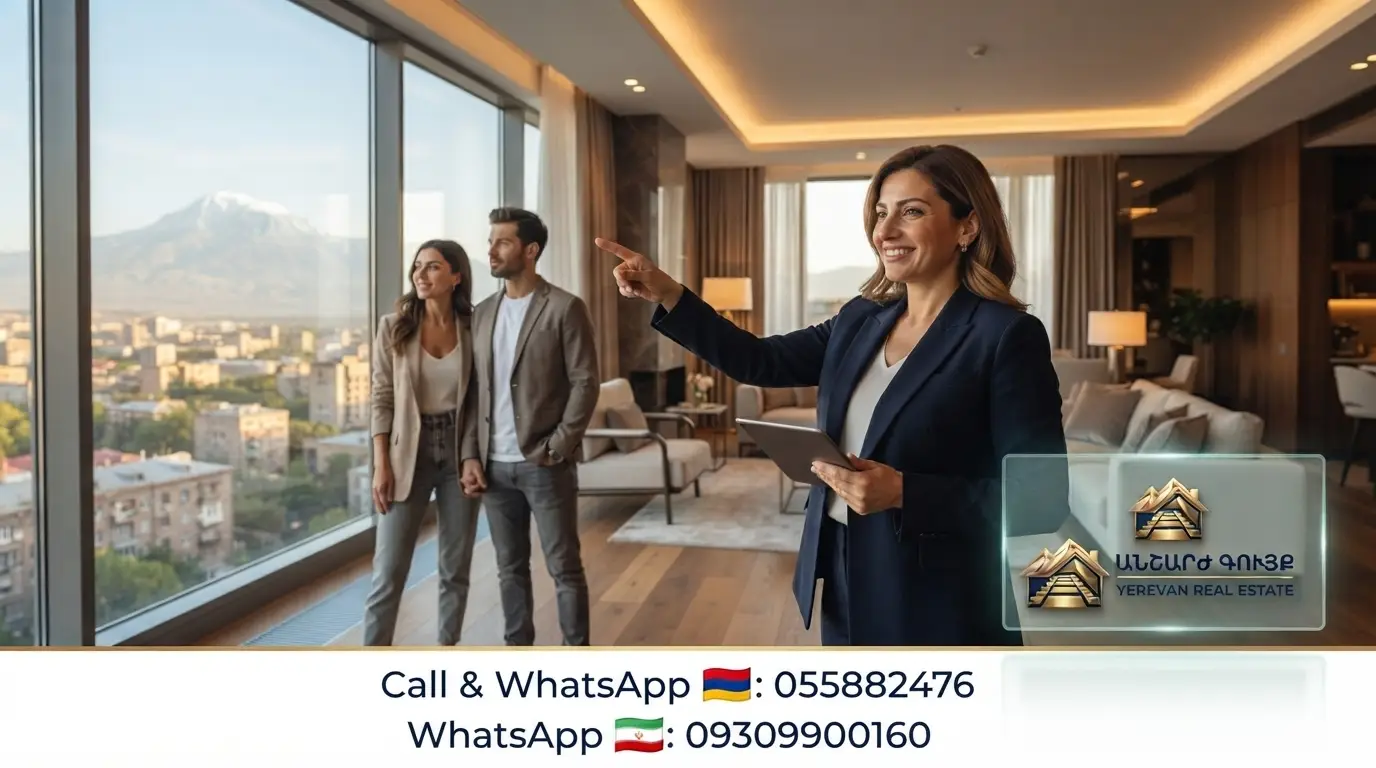 Real estate agent showing a luxury apartment in Yerevan with Ararat mountain view to a couple