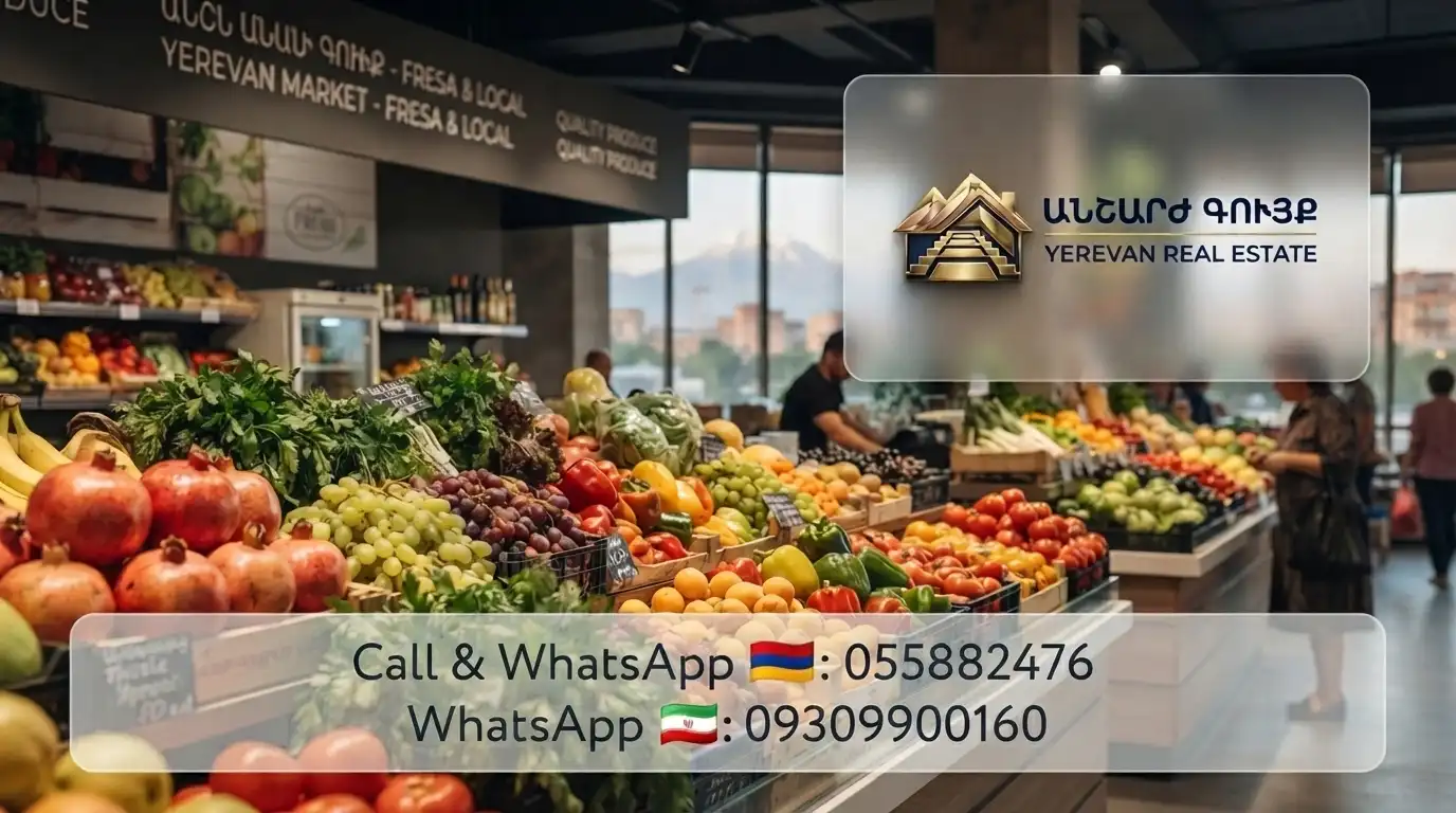 Colorful fresh fruit and vegetable market in Yerevan showing affordable grocery prices