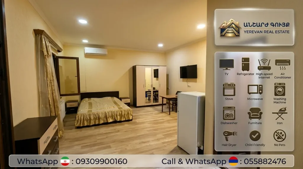 Compact furnished apartment in Yerevan featuring kitchen, washing machine, TV, and WiFi for rent