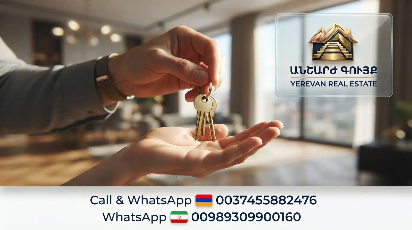 Close-up of hand giving apartment keys to new tenant in Yerevan representing rental deposit refund process
