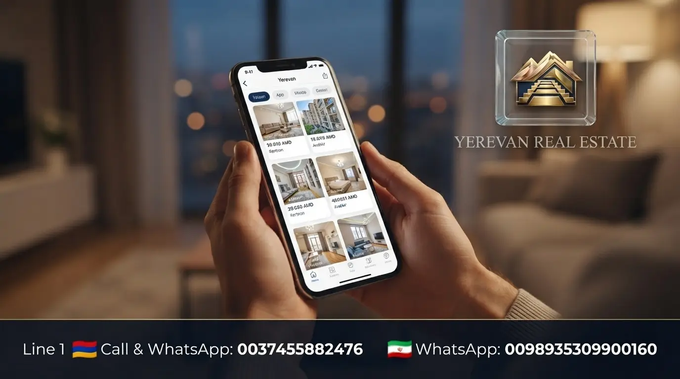 Hands holding smartphone showing Yerevan real estate rental listings app with apartment prices in Armenian Dram AMD