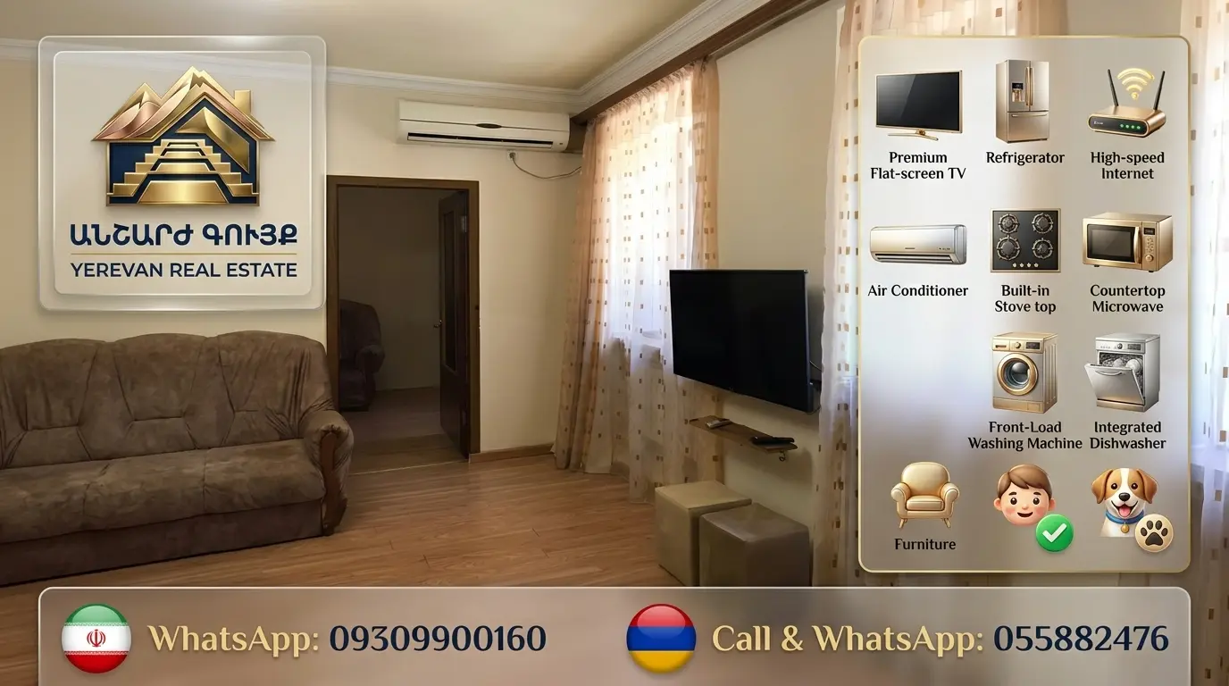 Spacious living room in Yerevan furnished apartment with flat-screen TV, air conditioner, premium appliances, and pet-friendly features