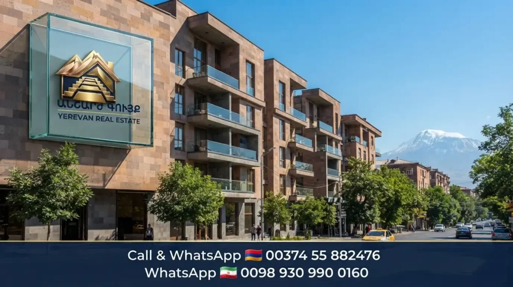 Modern residential building in Yerevan with Ararat mountain view and Yerevan Real Estate branding for rental deposit guide- تفاوت ودیعه اجاره در ایروان با تهران