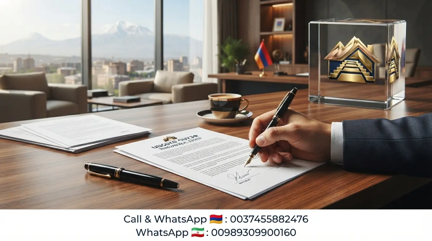 Professional signing rental lease agreement in Yerevan office with Ararat mountain view and Armenian flag symbolizing secure rental deposit process