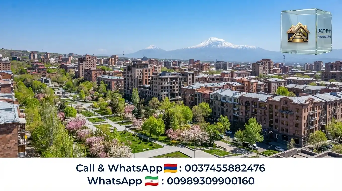 Aerial view of Yerevan in spring with blooming trees and Mount Ararat