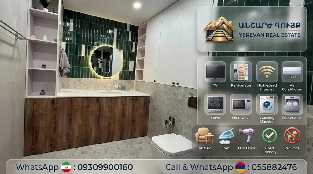 Modern glass-enclosed bathroom in Yerevan furnished rental apartment with marble tiles and complete amenities for comfortable stay