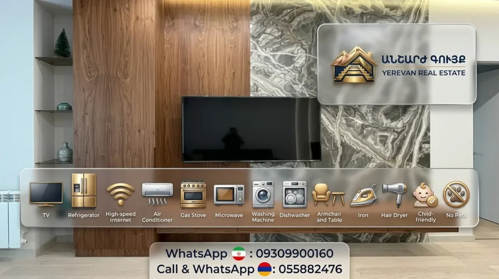 Open-plan luxury apartment in Yerevan with furnished living room, modern kitchen, and premium amenities including 3D TV and dishwasher