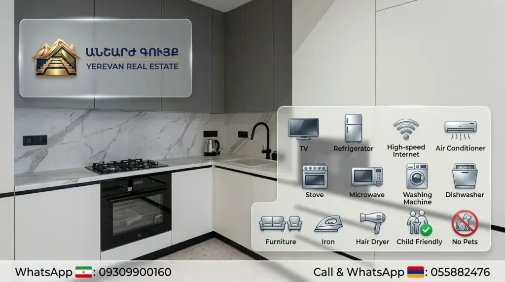 Modern furnished kitchen in Yerevan apartment with white cabinets, marble countertop, and all appliances included in rental price